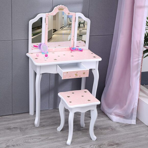 Best gifts ideas for girl: Nromant Kids Vanity Table and Chair Set, Girls Vanity Set with Mirror and Stool, Tri-Folding Mirror, Makeup Dressing Princess Table with Drawer, Kids Vanity Set with Mirror Age 4-9