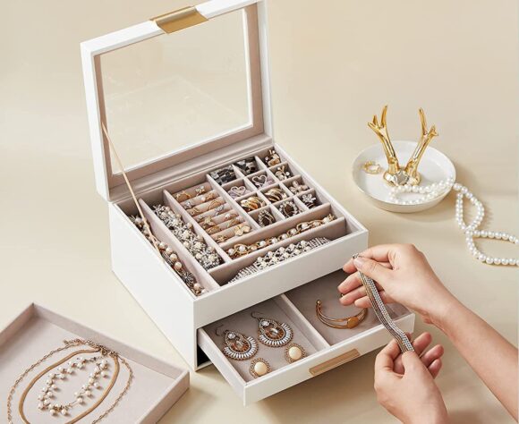 Best gifts ideas: SONGMICS Mothers Day Gifts - Jewelry Box with Glass Lid, 3-Layer Jewelry Organizer, 2 Drawers, Jewelry Storage, Lots of Storage Space, Modern, Gift Idea, Cloud White and Gold Color UJBC239WT
